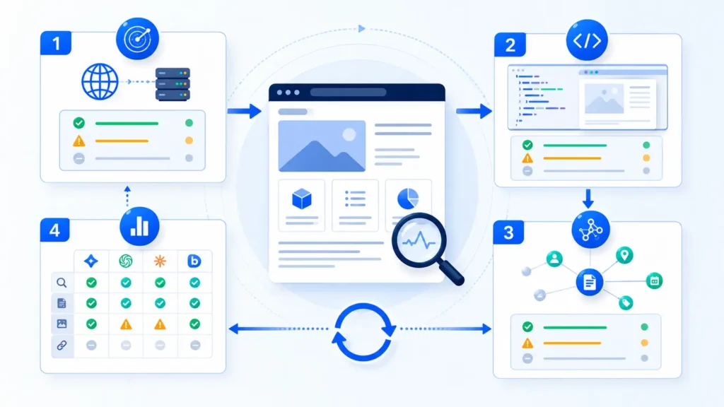 Four-step AI indexing troubleshooting workflow for fetch, render, entity clarity and repeatable platform testing