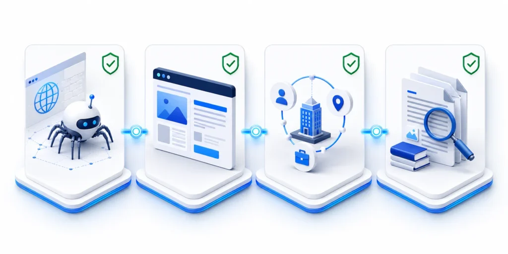 Four connected website readiness checks for crawler access, rendering, entity clarity and supporting evidence