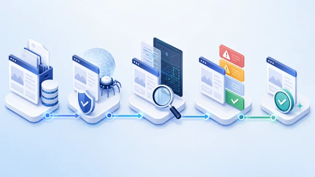 Five-stage AI search readiness audit process for a new website from baseline through retesting