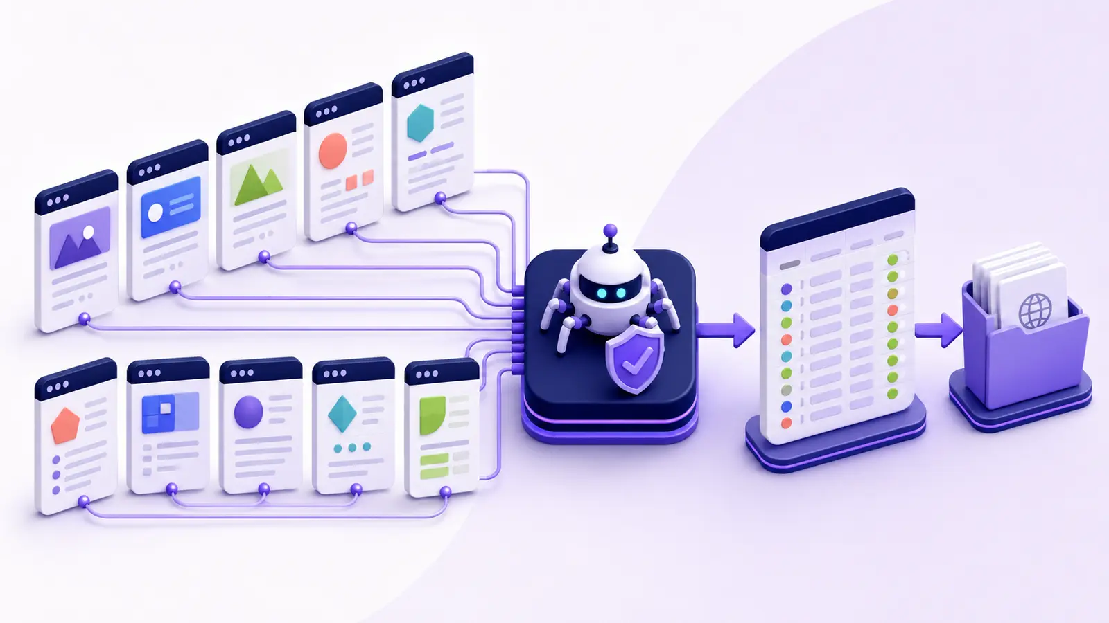 Ten website samples flowing through an AI crawler policy benchmark methodology
