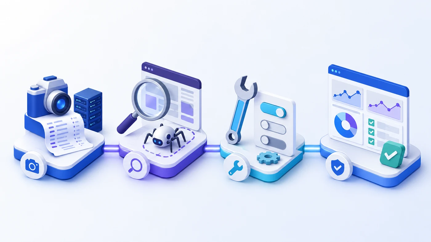Four-stage AI search readiness case study workflow: baseline, diagnosis, fixes and retest