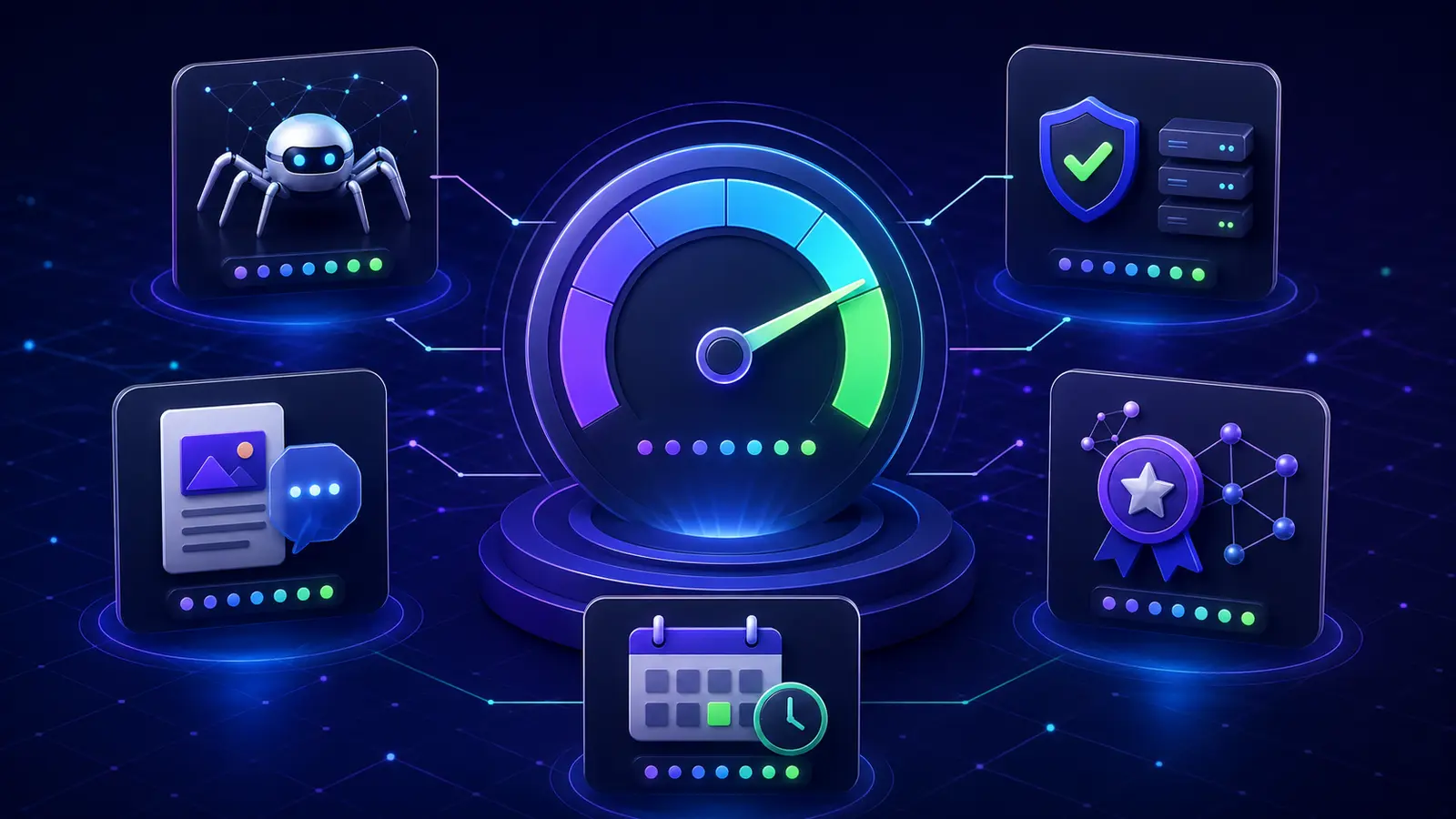 AI search readiness score gauge showing crawler access, technical delivery, content clarity, authority and freshness