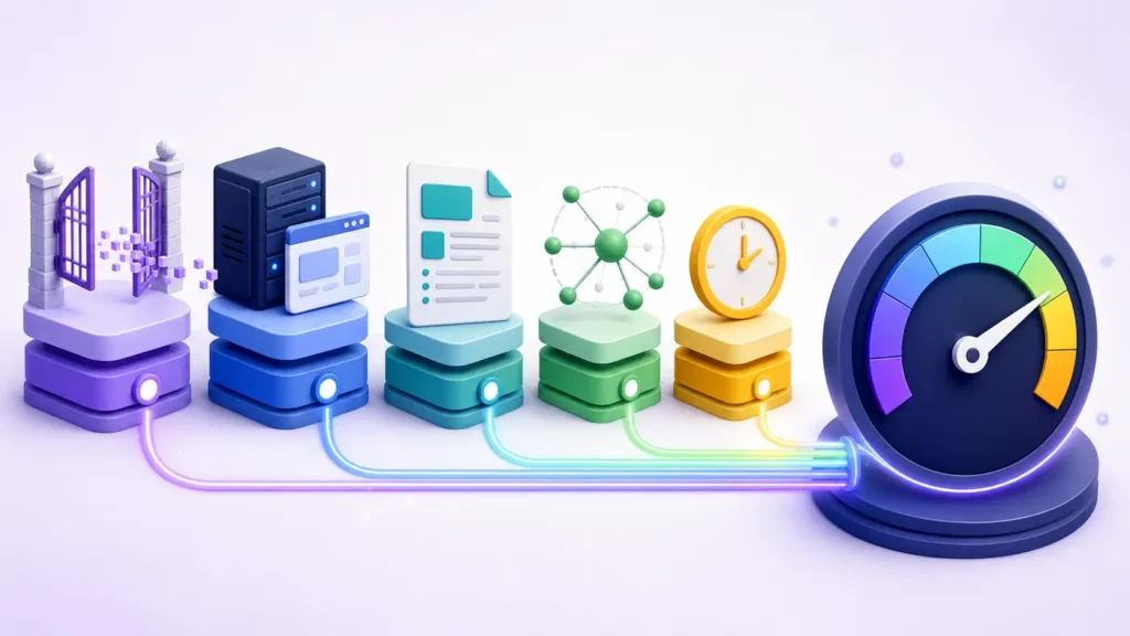 Five factors feeding an AI search readiness score: access, delivery, content, authority and freshness
