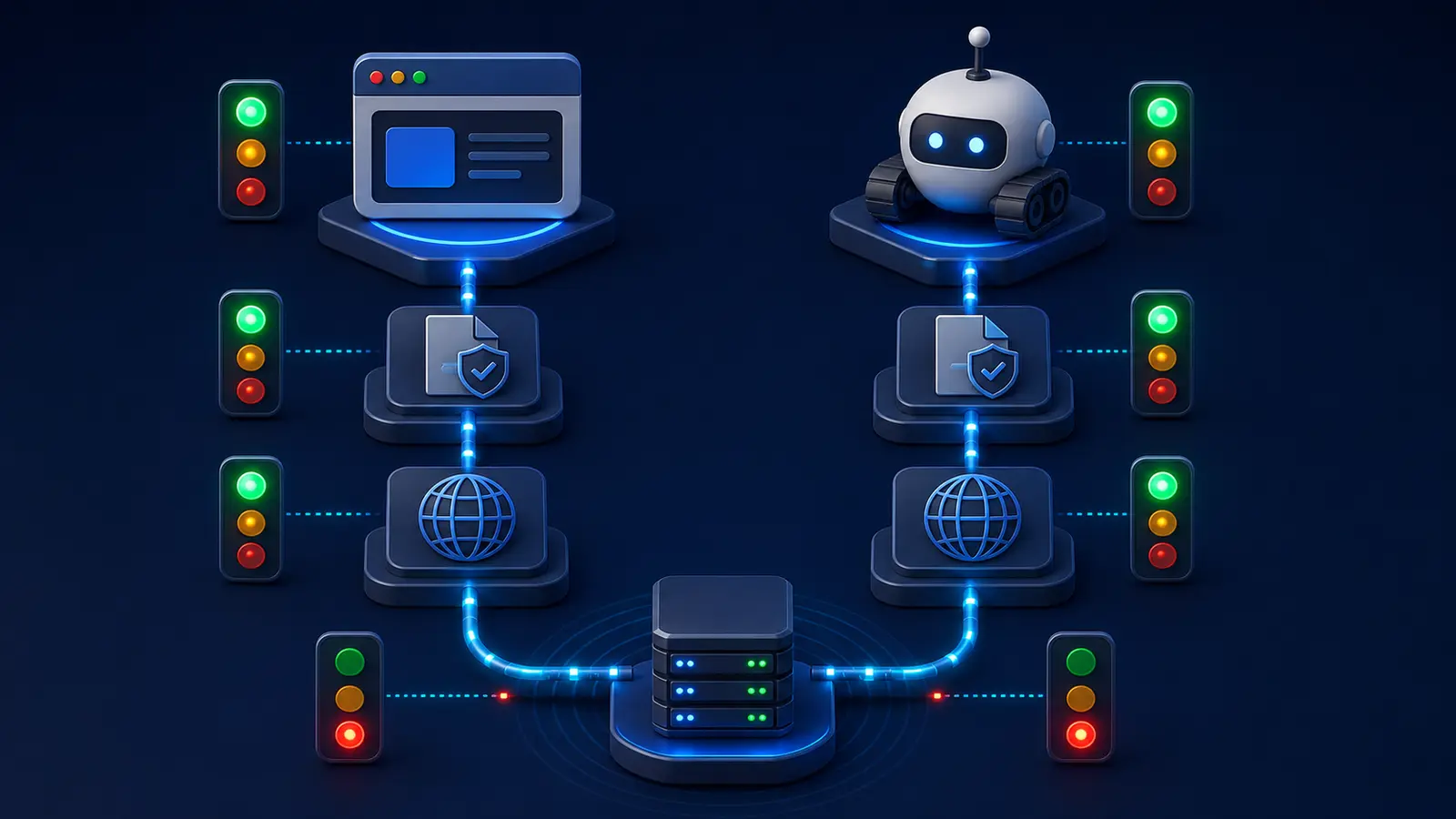 Browser request compared with a controlled GPTBot request through robots, CDN and server checkpoints