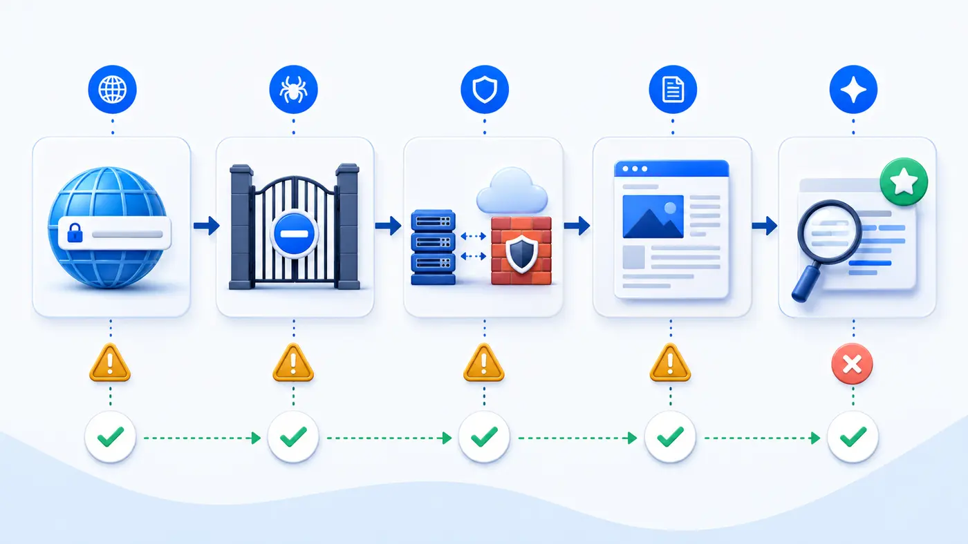 Five-stage diagnostic path for ChatGPT website access, rendering, discovery and citation