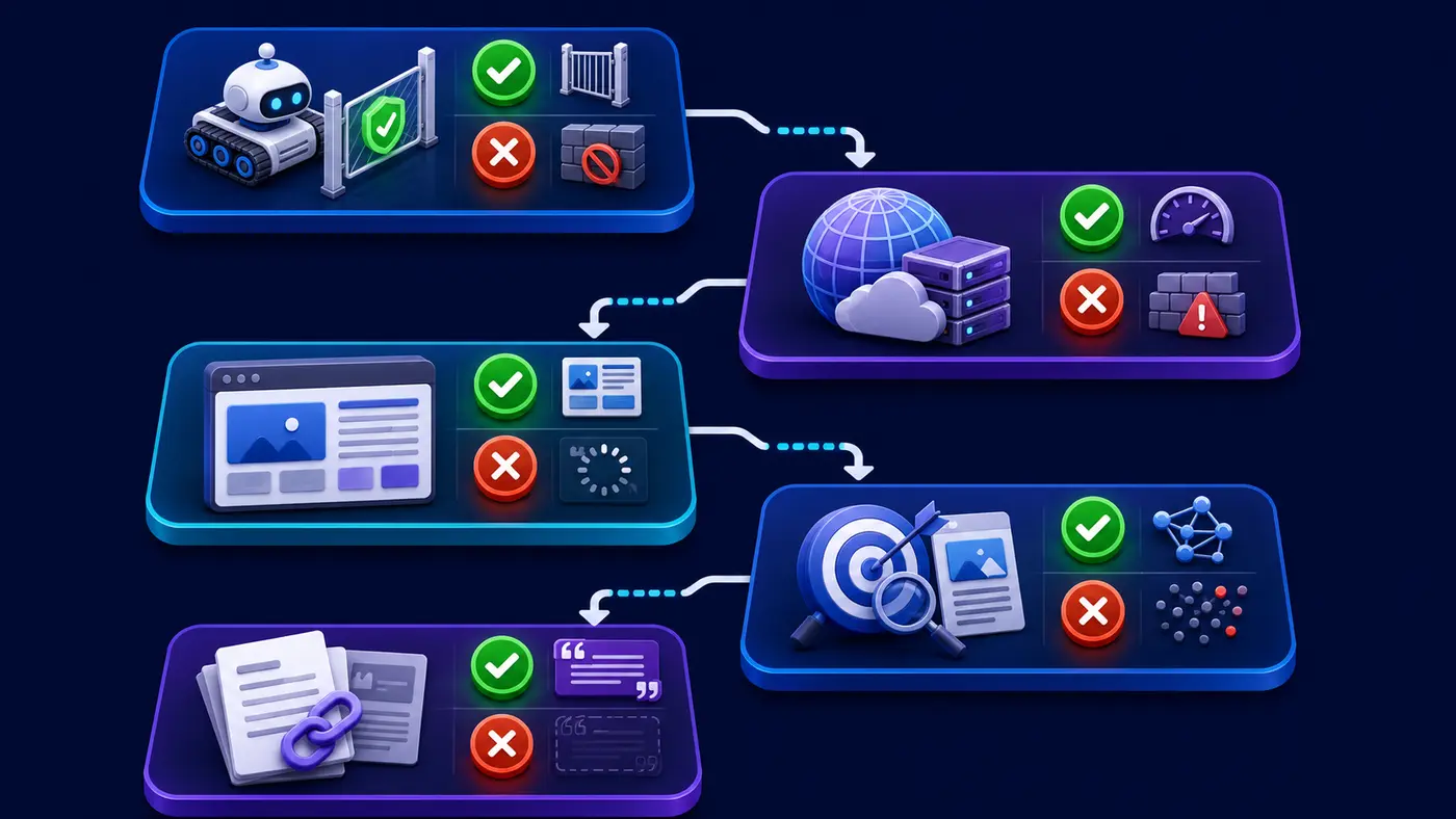 Five-stage diagnostic path for Claude website access, delivery, rendering, relevance and citation