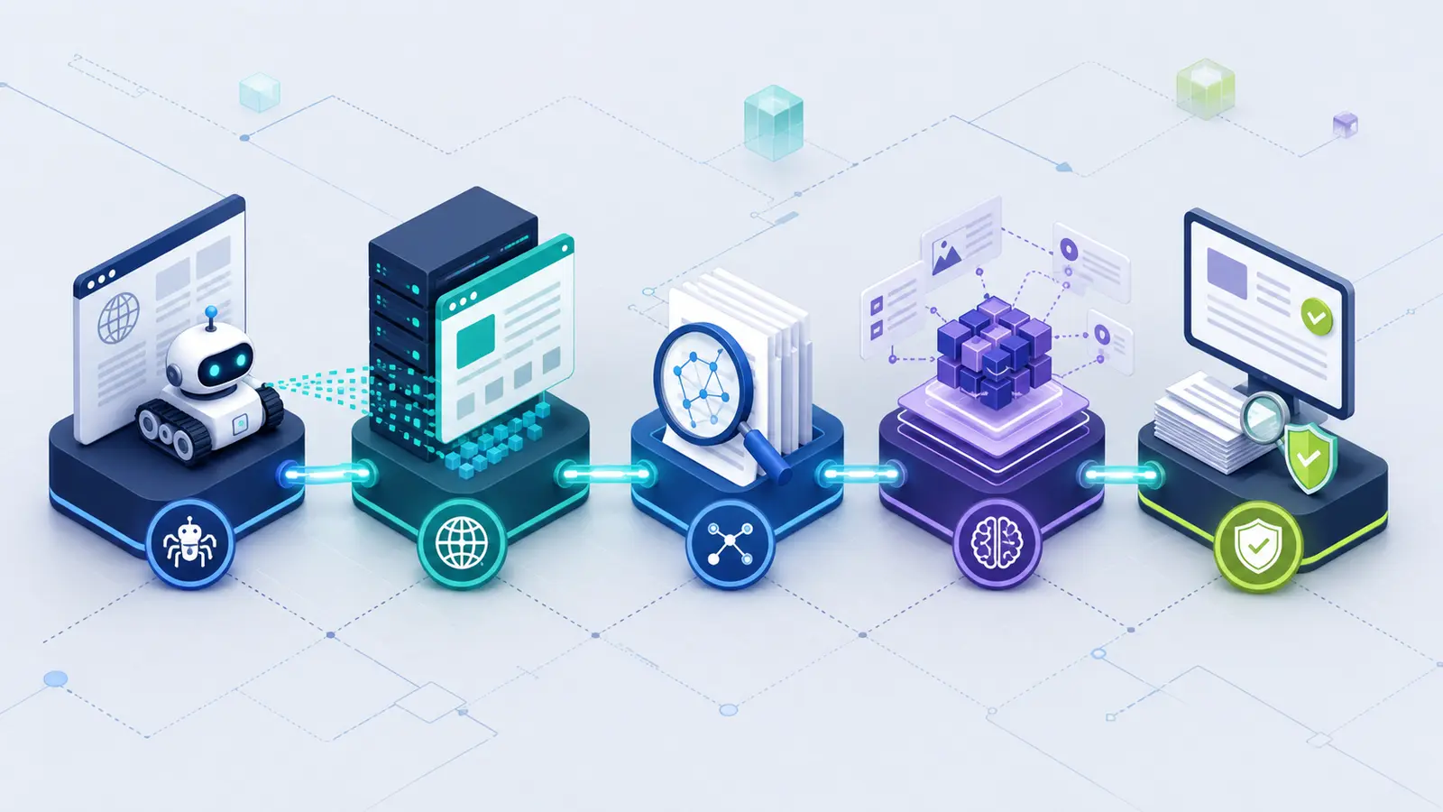 Five-part AI search readiness checker workflow for website access, delivery, index controls, content clarity and evidence