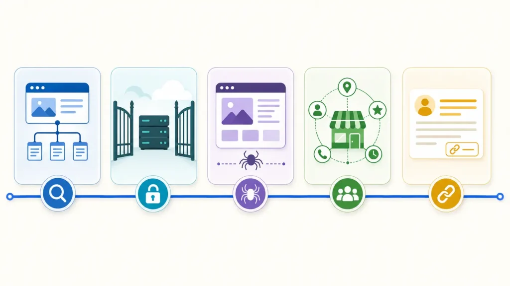 Five-stage workflow to diagnose why Gemini cannot find a business website