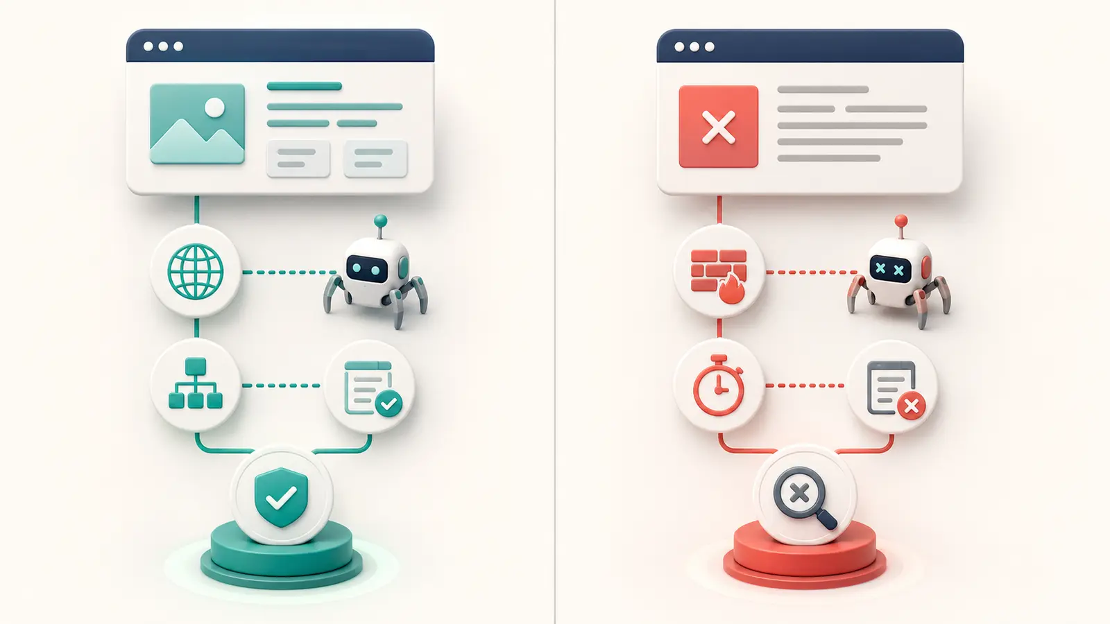 Healthy website page compared with a blocked page in an AI search readiness check