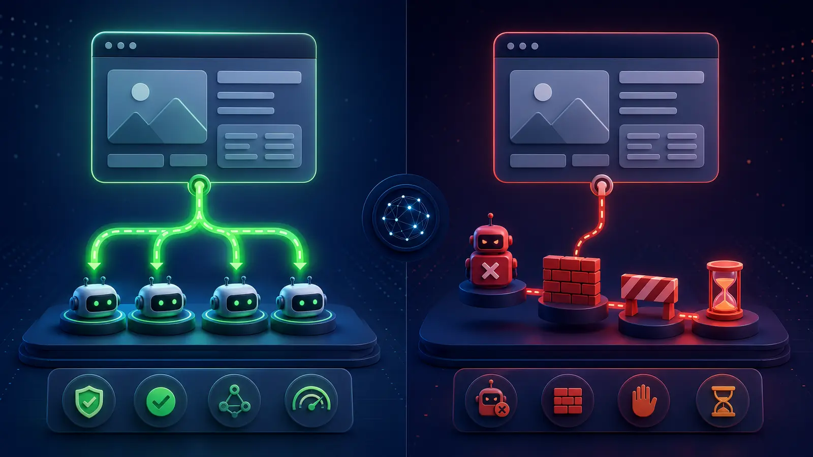 Healthy website crawler access compared with a blocked AI crawler path