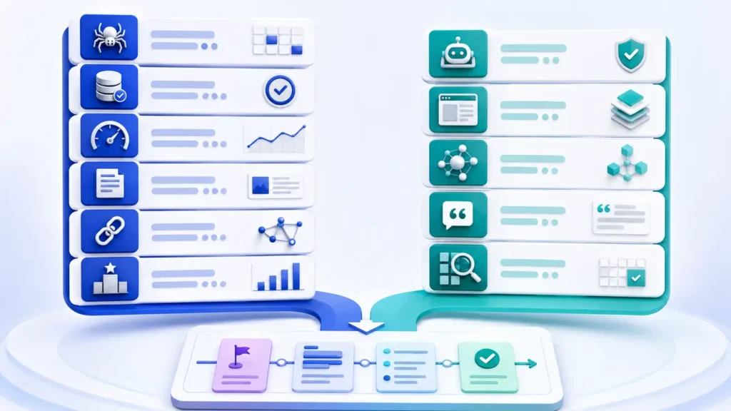 Traditional SEO audit evidence and AI search readiness evidence combining into one action roadmap