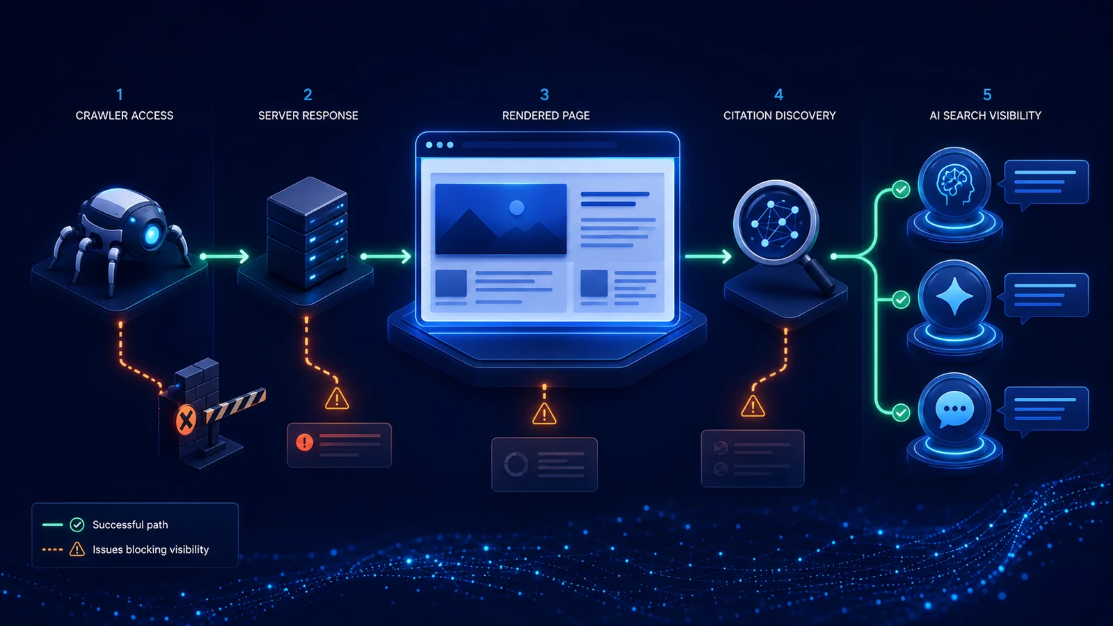 Technical issues affecting AI search visibility diagnostic pathway