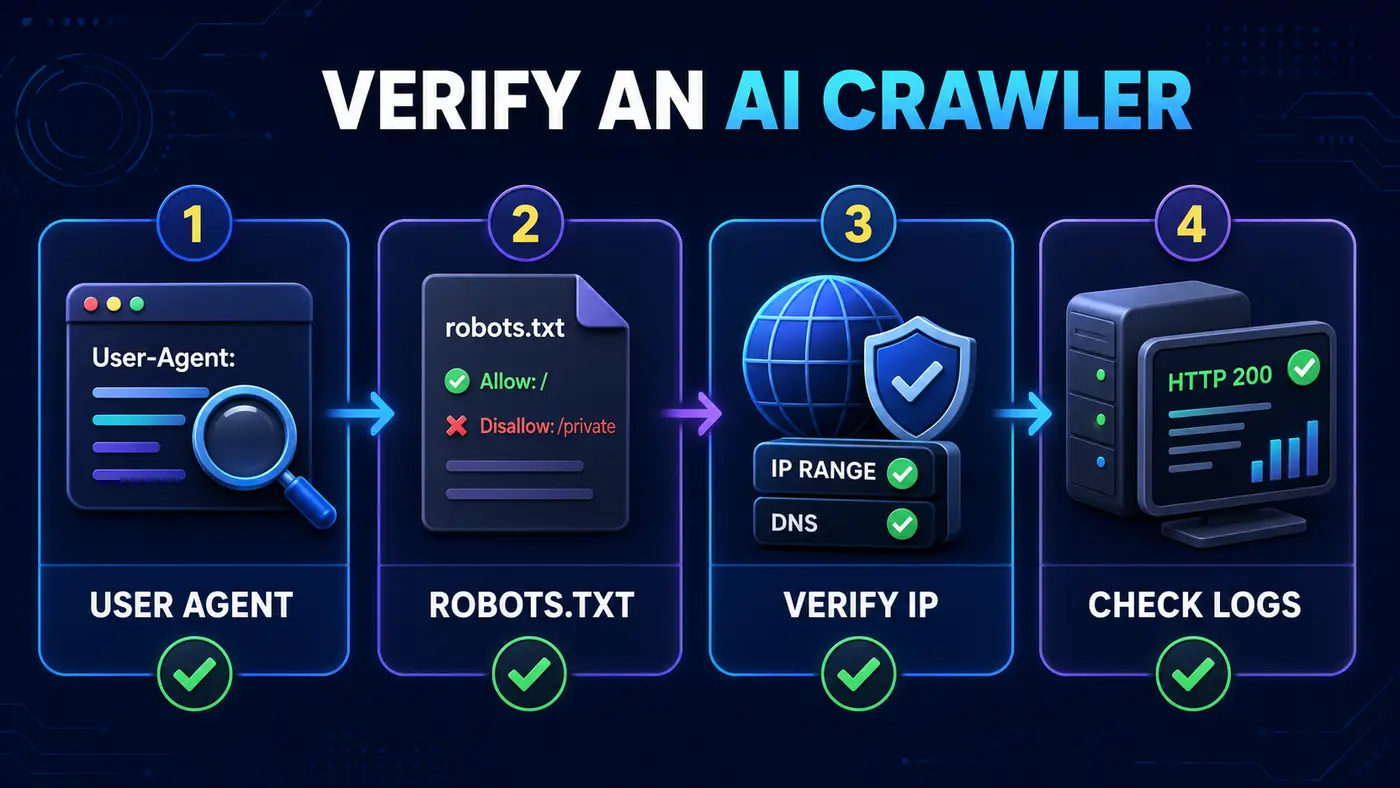 Four steps to verify an AI crawler: user agent, robots.txt, IP verification and server logs