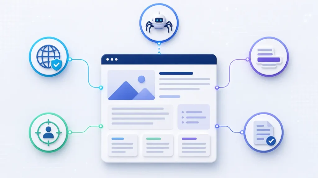 Website connected to five AI citation readiness checks for access, index controls, answer clarity, entity identity and evidence
