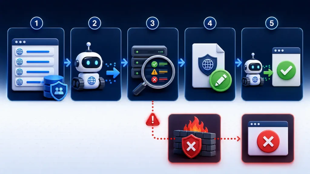 Five-step AI crawler access audit workflow with WAF blocking diagnostic path