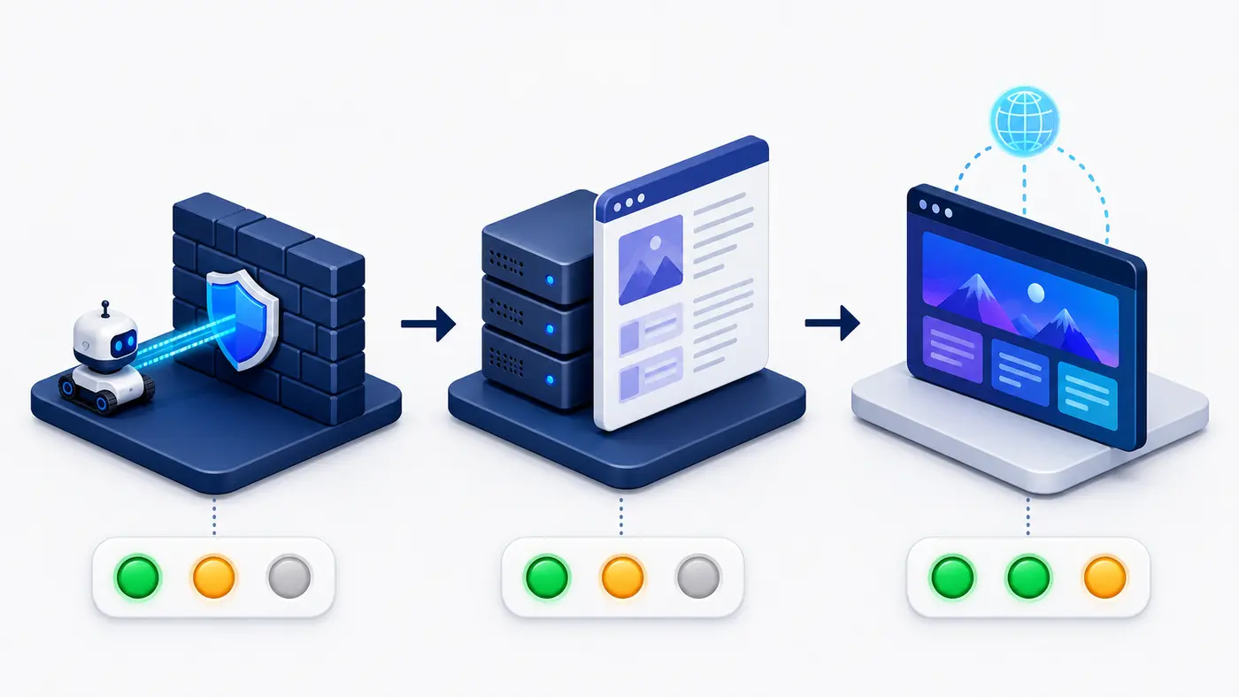 AI crawler HTML diagnostic layers for access, server response and rendered content