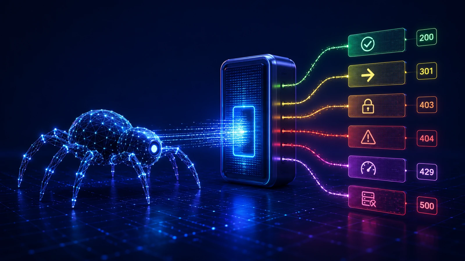 AI crawler approaching a server that returns HTTP status codes 200, 301, 403, 404, 429 and 500