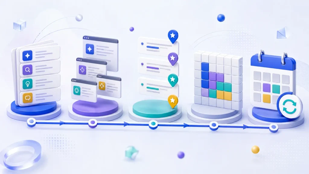 Five-stage AI share of voice measurement workflow from prompts to scheduled retesting