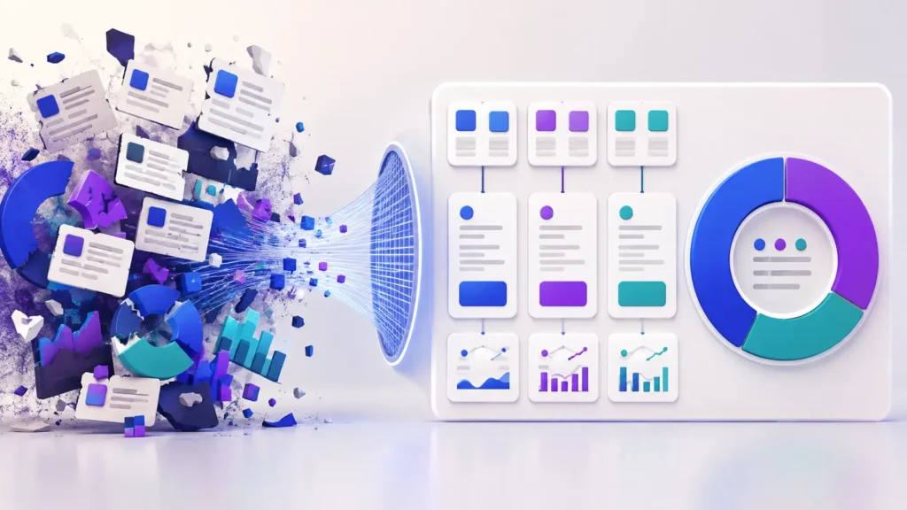 Messy AI visibility inputs transformed into a clean share of voice comparison with transparent denominators