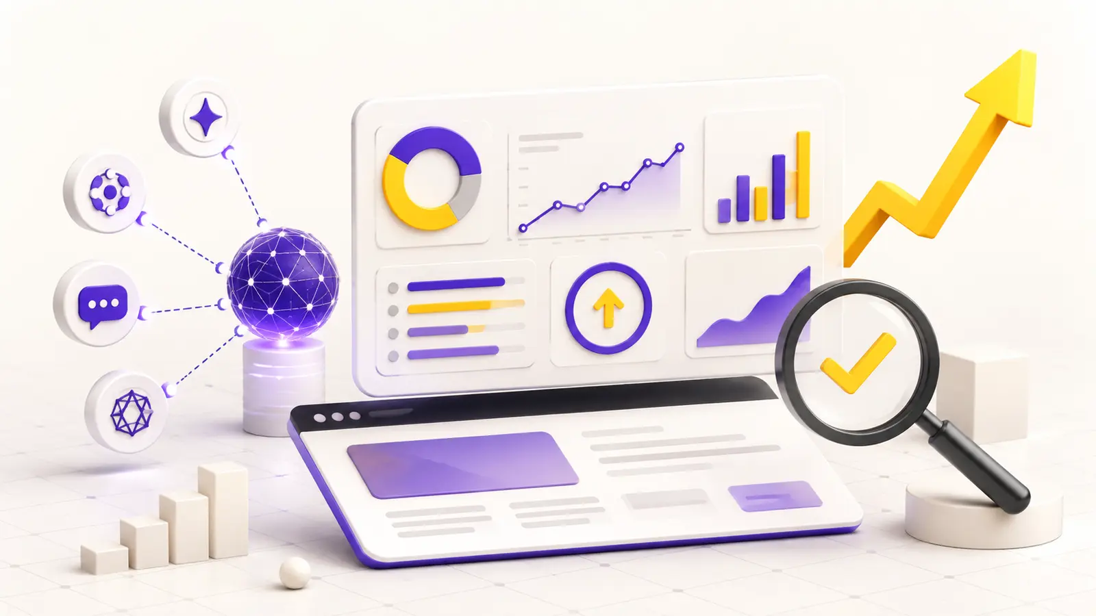 AI visibility audit ROI case study dashboard with growth chart and audit magnifier