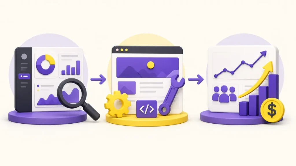 Three-stage AI visibility audit ROI workflow from baseline through improvements to business results