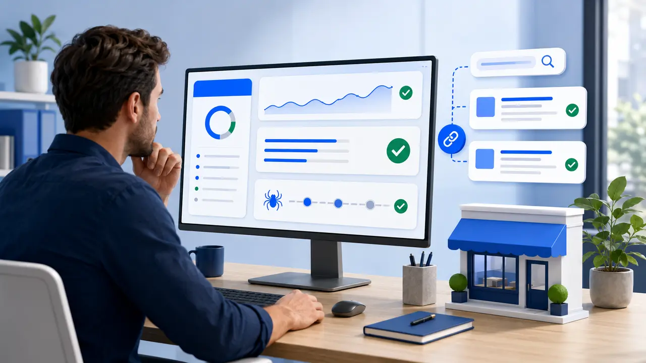 Small business owner reviewing an AI visibility audit dashboard