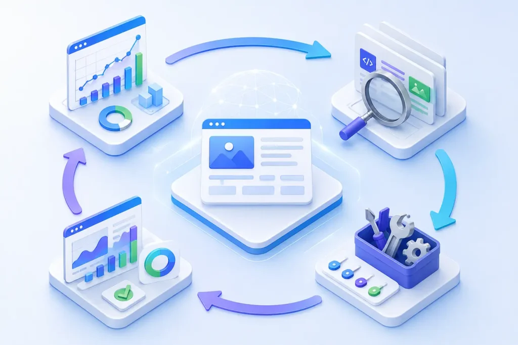 AI visibility workflow cycling through baseline measurement diagnosis improvements and retesting
