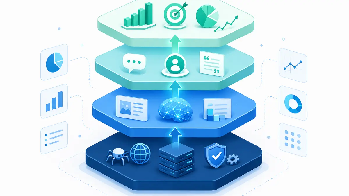 Four-layer AI visibility measurement stack from crawler access to business outcomes