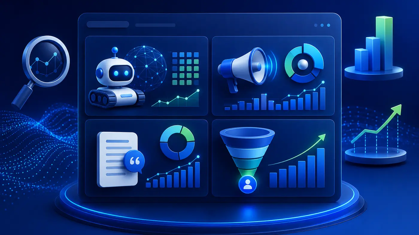 AI visibility metrics dashboard showing access, mentions, citations and conversions