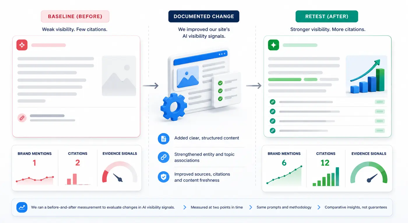 Baseline and retest comparison for brand visibility in ChatGPT after a documented website change