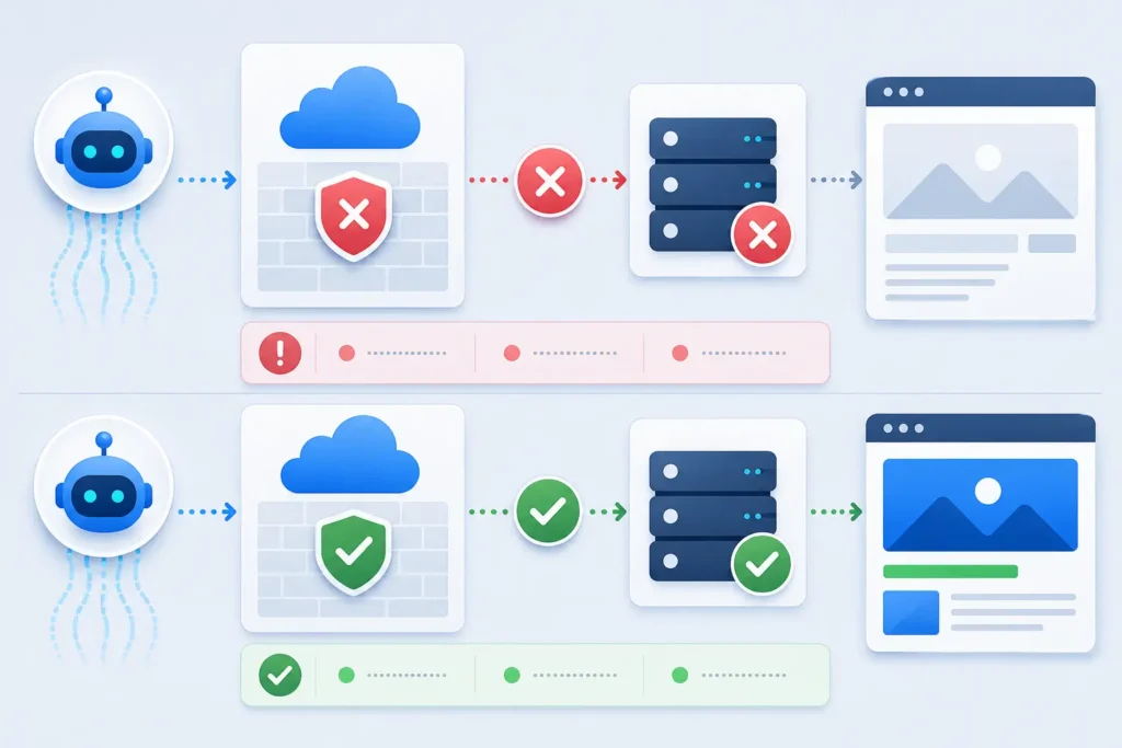 Blocked and healthy ChatGPT crawler responses after a Cloudflare firewall fix