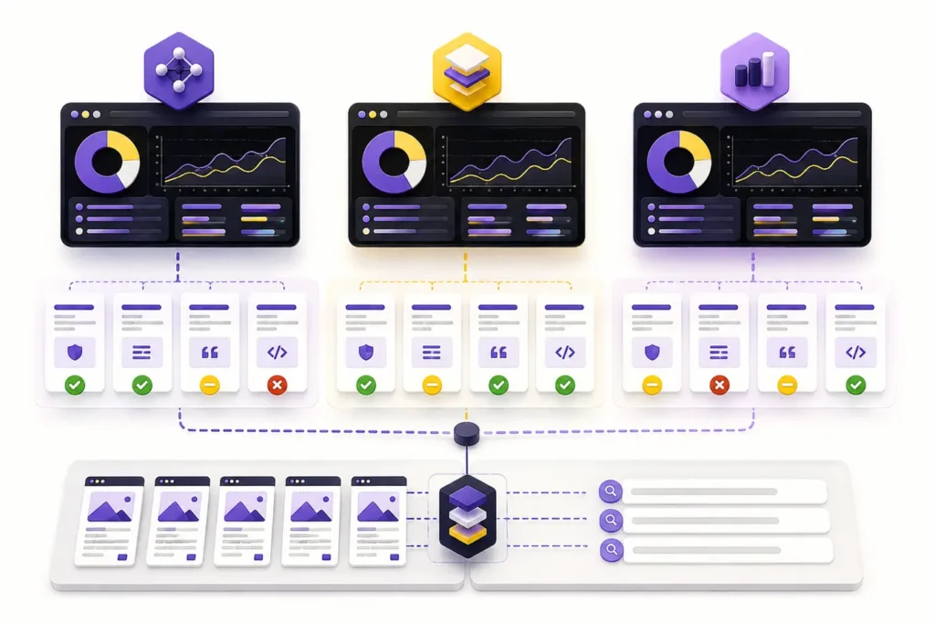 Three AI visibility tools compared with the same website pages and prompt set