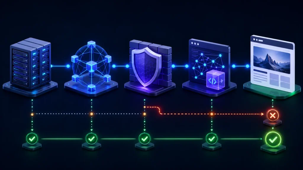 AI crawler delivery path through server CDN firewall and JavaScript rendering