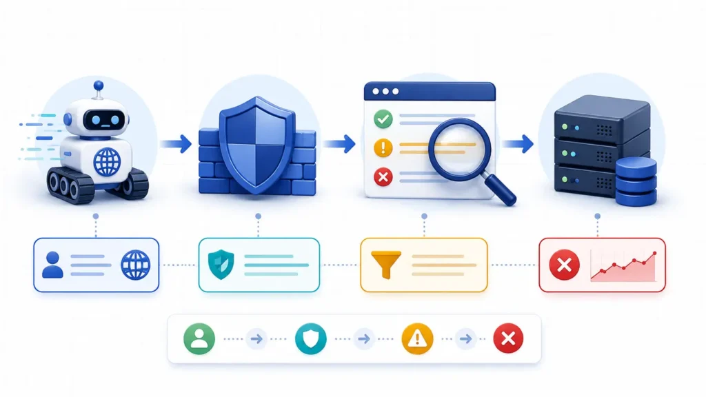 Diagnostic flow for a Cloudflare 403 AI crawler request from verified identity through firewall event evidence to the origin server