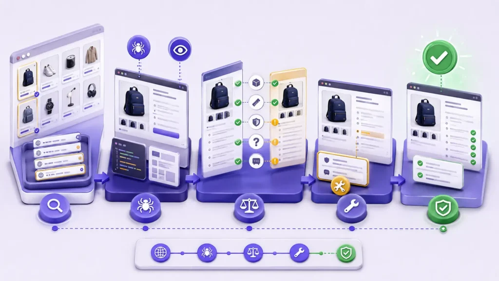 Five-stage ecommerce product page optimization workflow from baseline to verified retest