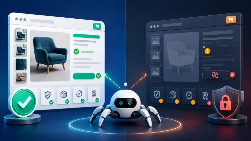 Healthy ecommerce product page compared with a blocked incomplete page