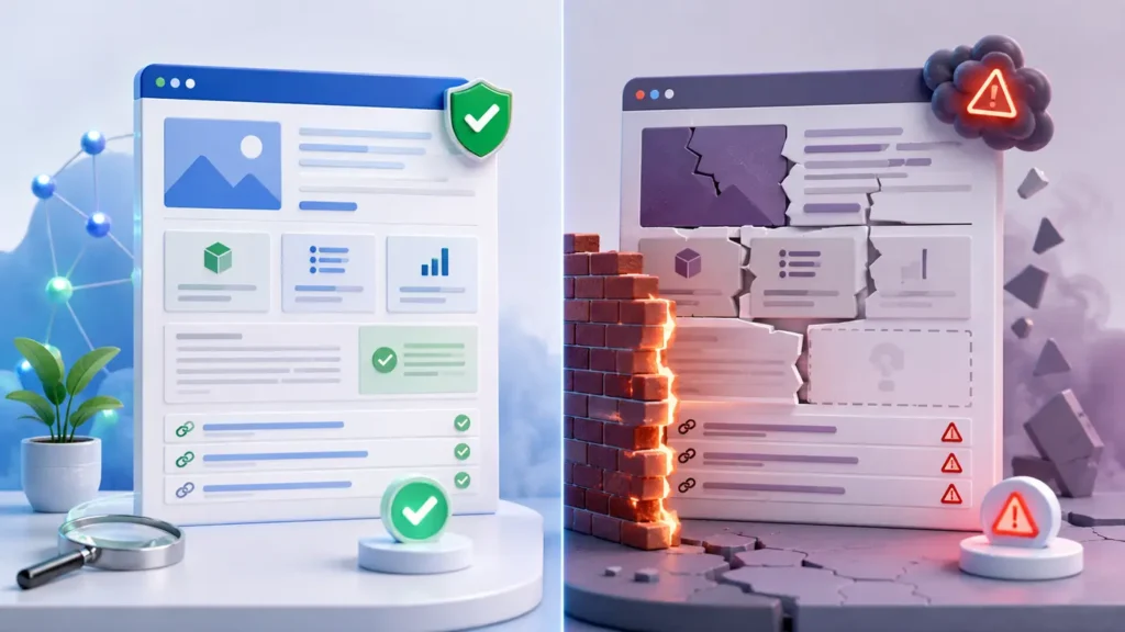 Healthy citation-ready webpage compared with a blocked problem page showing firewall and content clarity failures