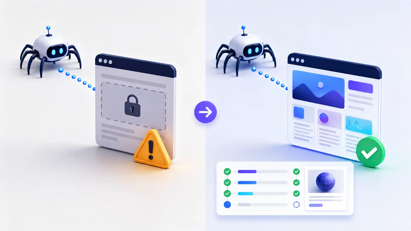 Before and after HTML crawler test showing blocked and complete page content