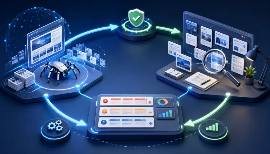 Hybrid AI visibility audit workflow combining automated scanning with manual expert review