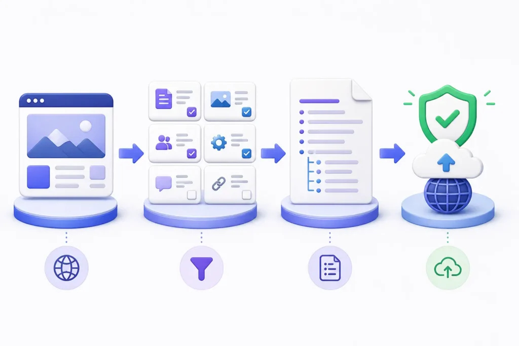Four-step llms.txt generator process from website selection to validated file upload