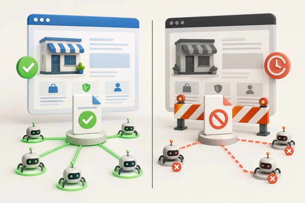 Healthy small business website accessible to AI crawlers compared with a blocked website