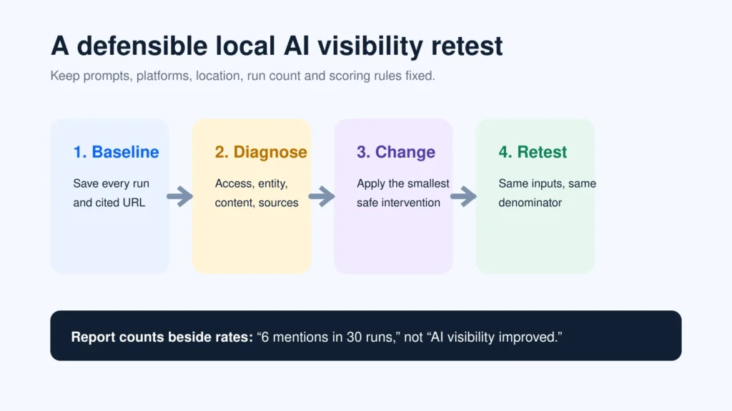 Four-step local AI visibility retest method from baseline through diagnosis, change and retest