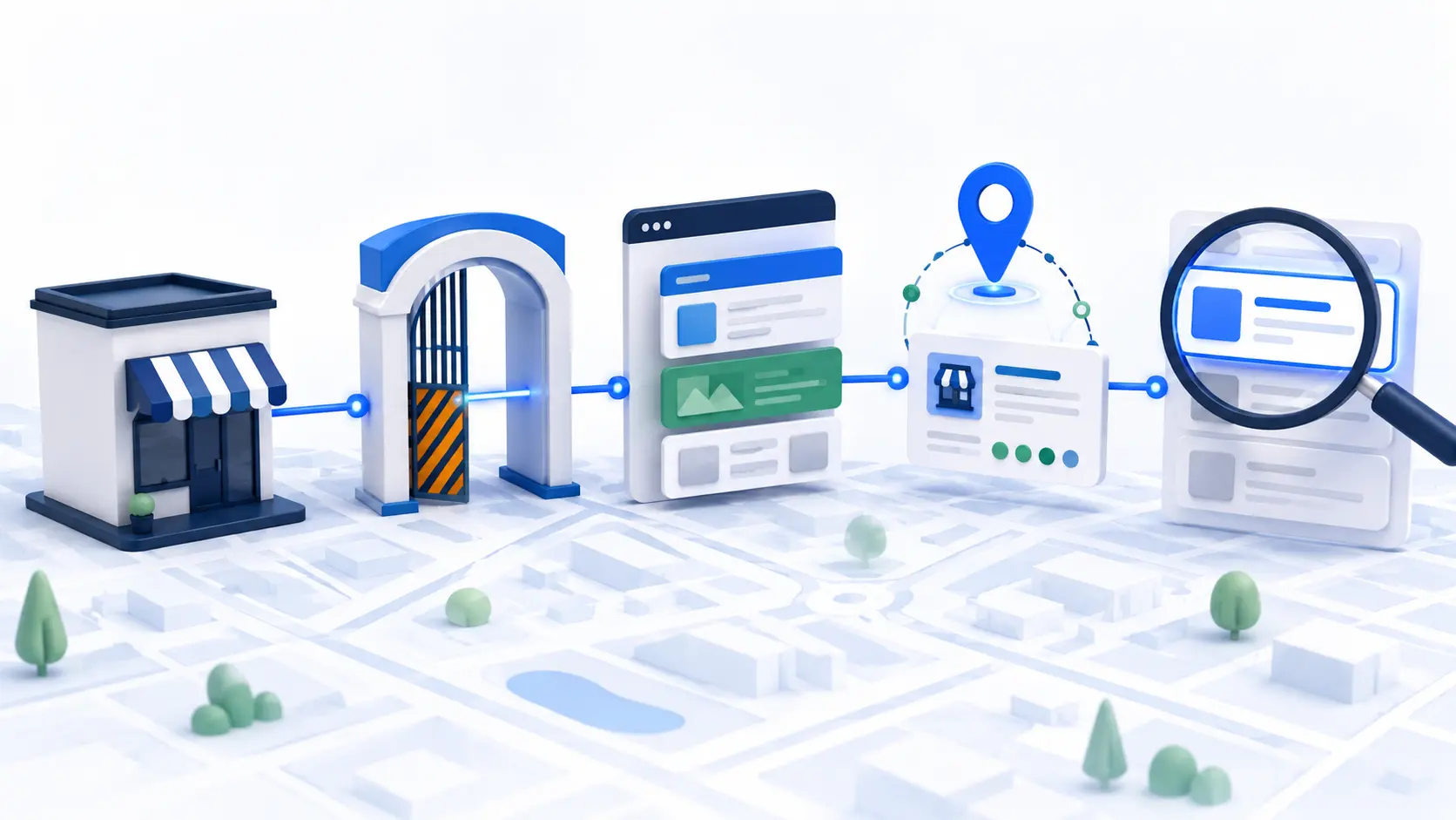 Four-stage local business AI discovery path covering access, rendering, entity clarity, and source selection