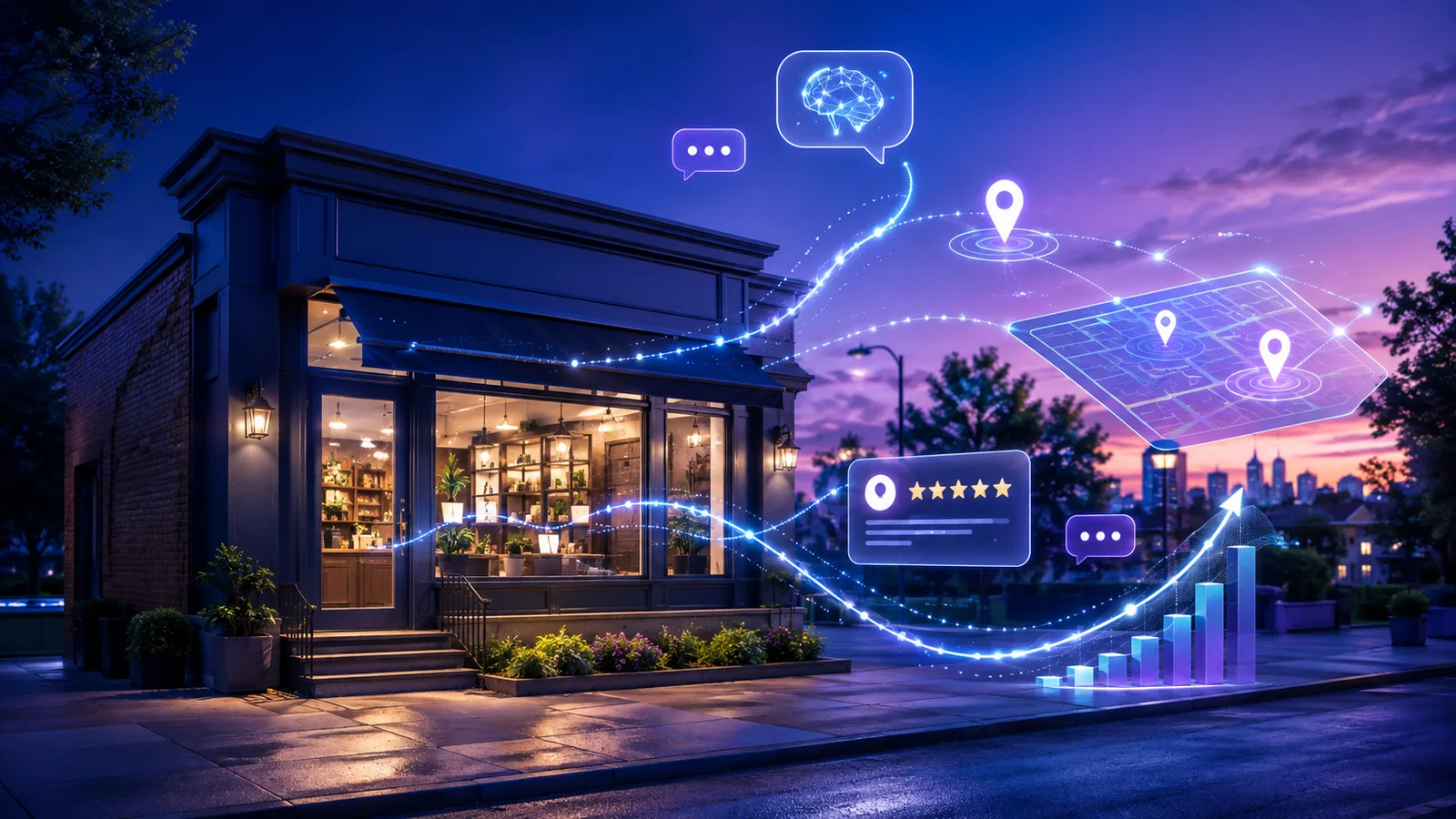 Local business storefront connected to AI search, reviews and map discovery signals