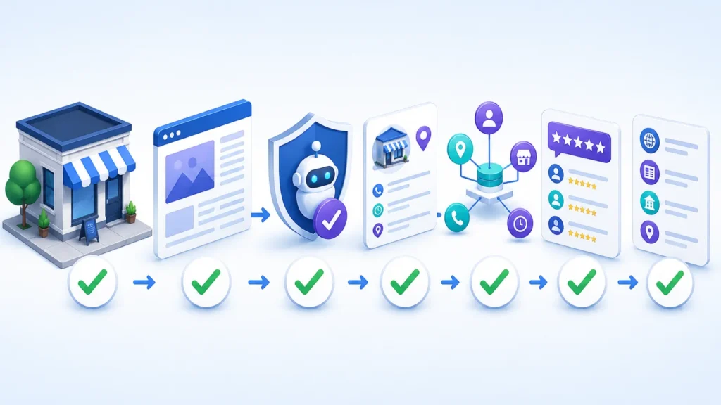AI visibility checklist for local businesses covering crawler access, profiles, entities, reviews and citations