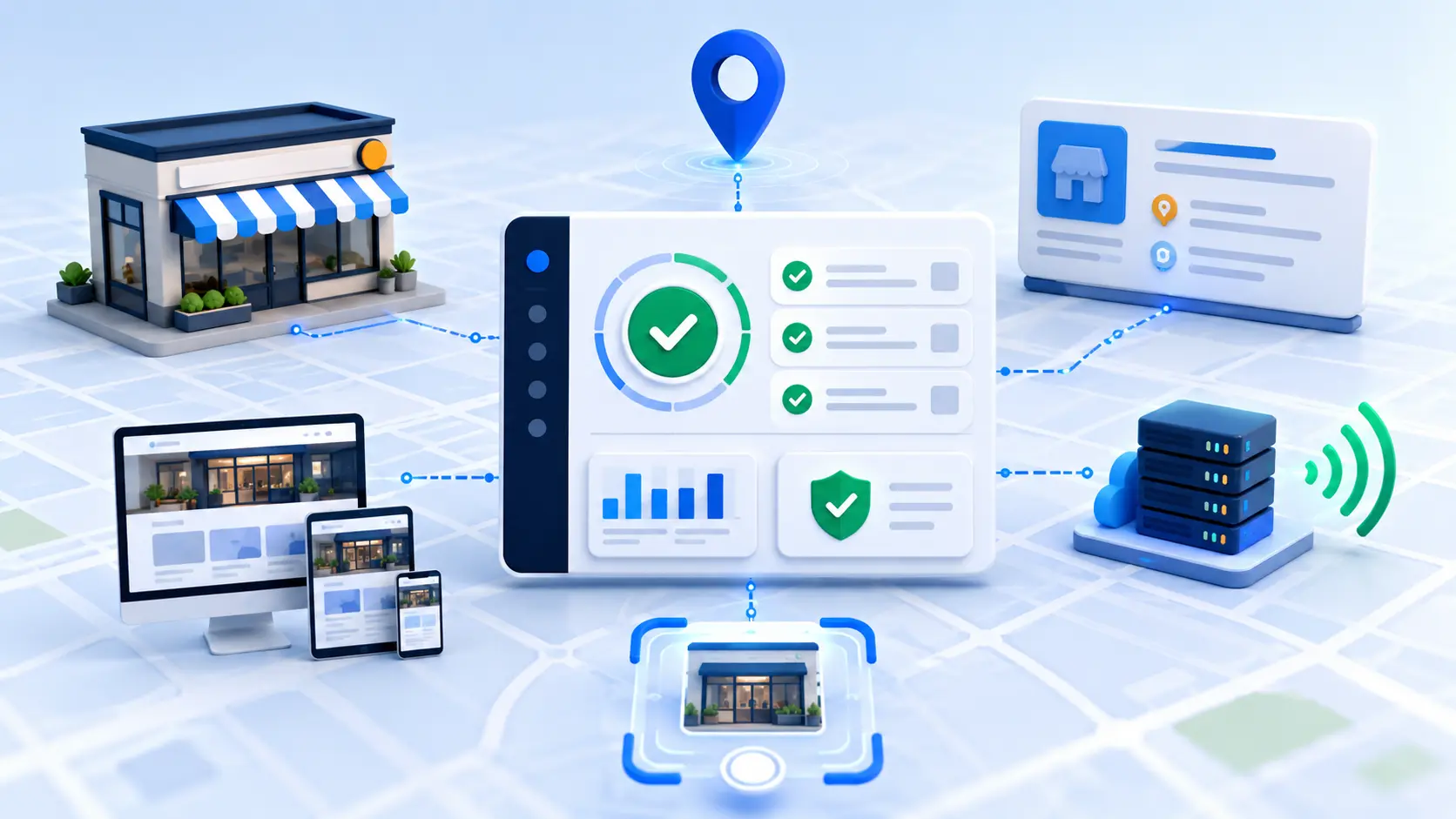 Local storefront, website, location data, server, and security checks converging on a verified AI visibility result