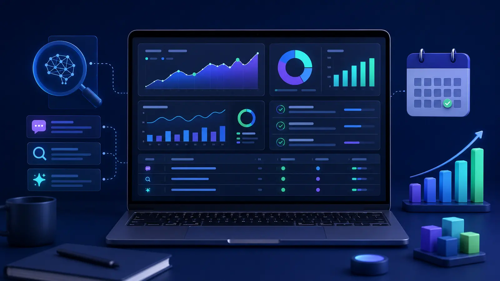 Monthly AI visibility report template dashboard with charts, prompt tracking and calendar