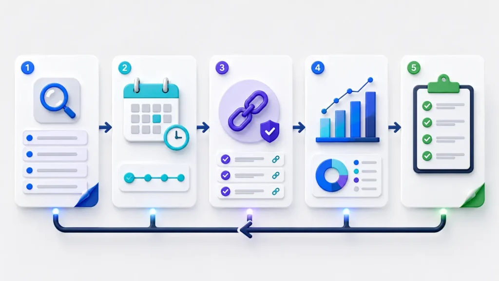 Five-stage monthly AI visibility reporting workflow from prompt set to action plan