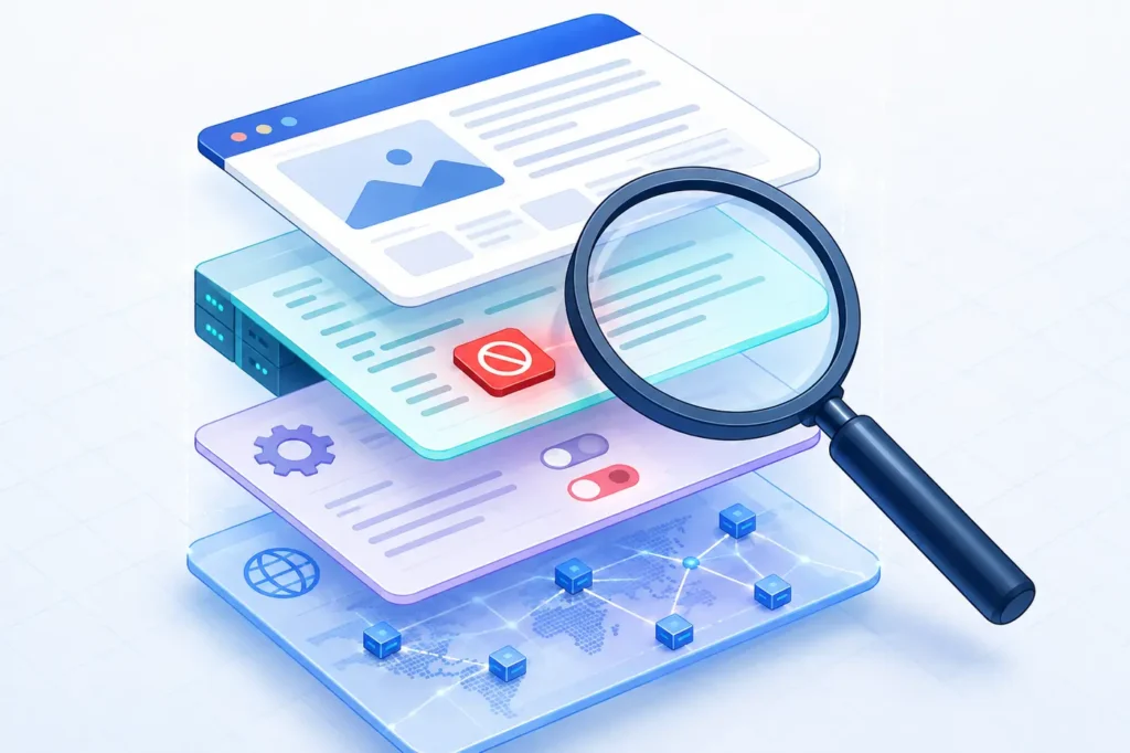 Technical audit of CMS, server, and CDN layers for an unintended noindex directive