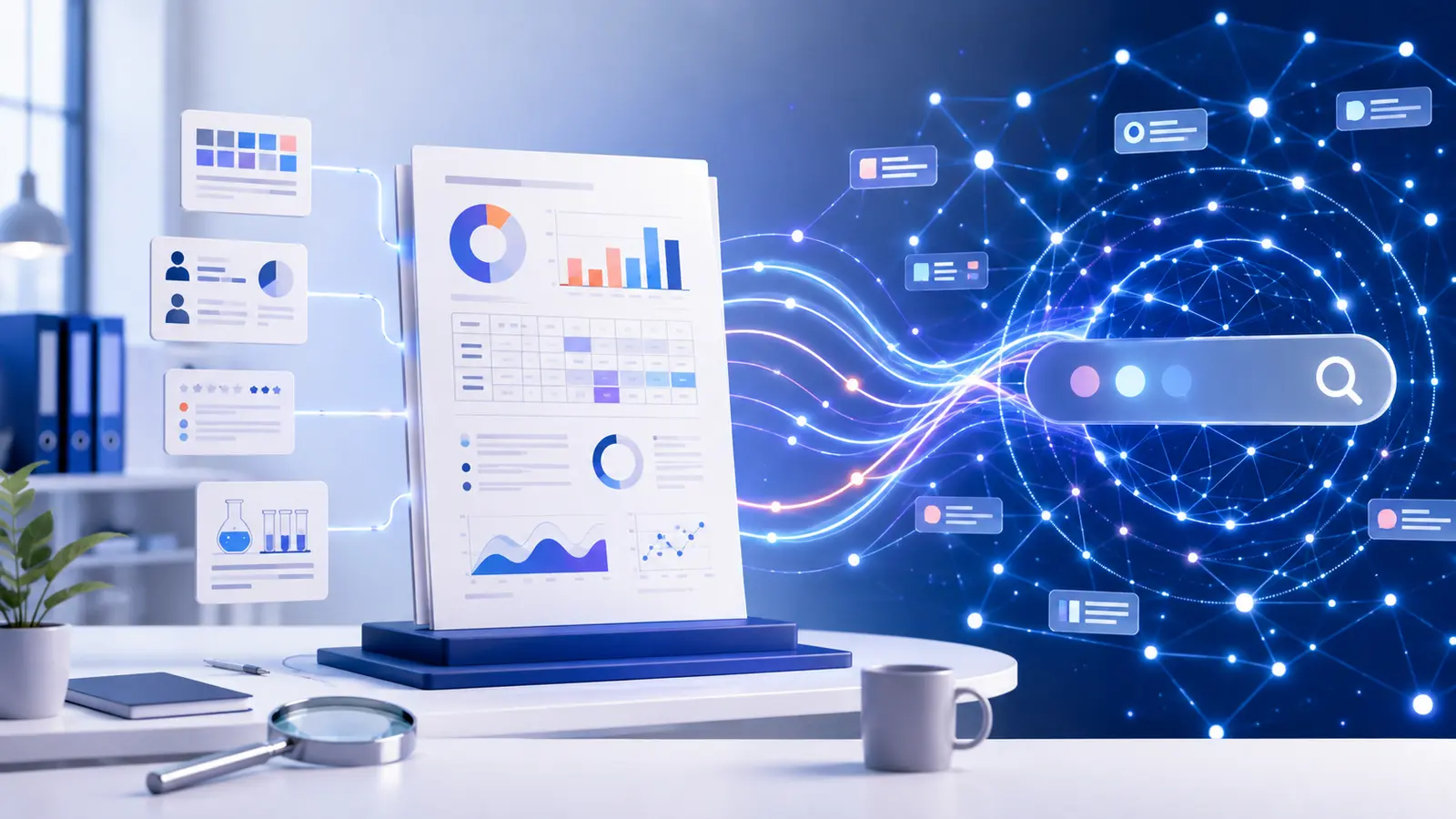 Original research formats most cited by AI shown as reports, datasets and experiments flowing into an AI search system